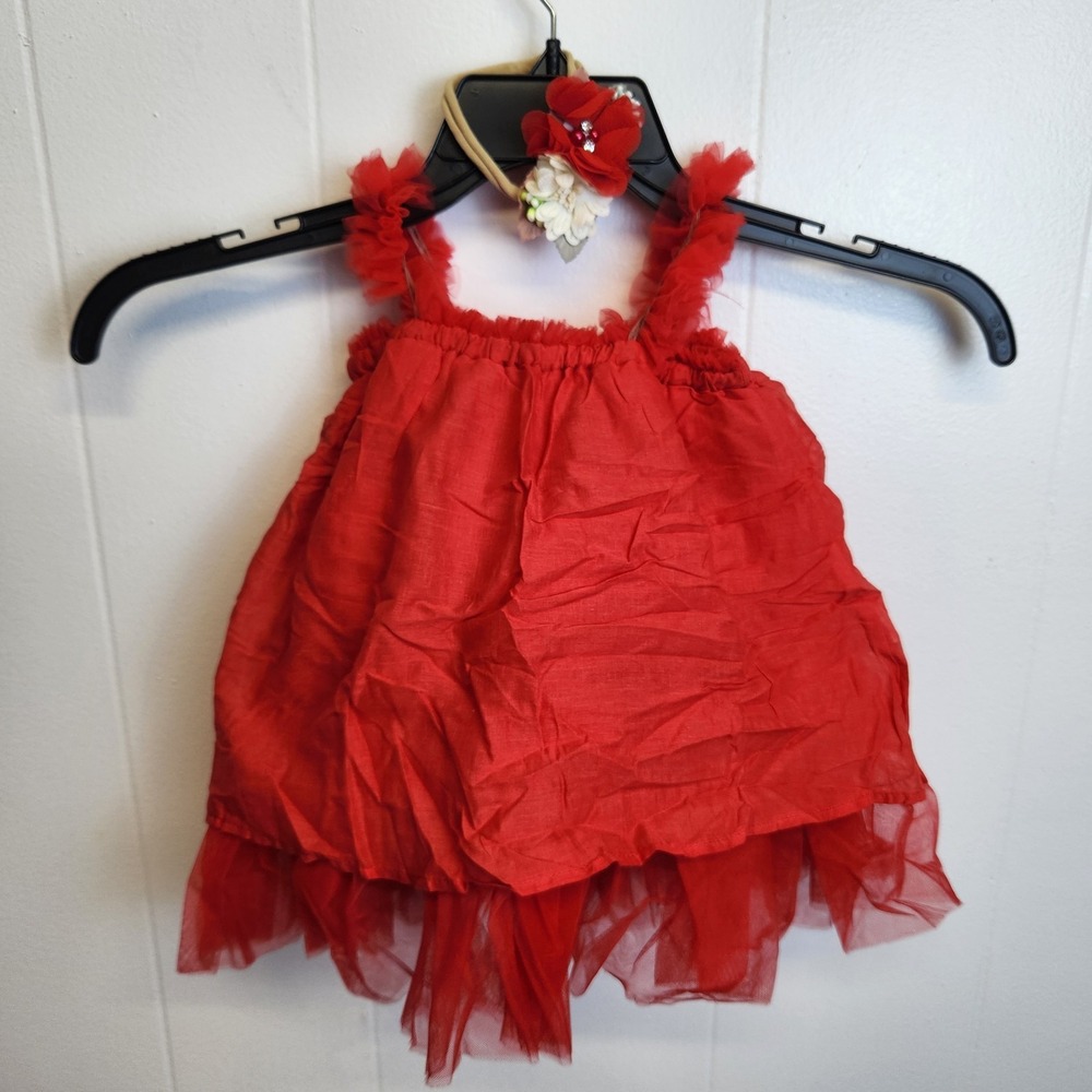 Infant Girls Red Tulle Dress Set 6 Months Headband Flower Mesh Tutu Baby New